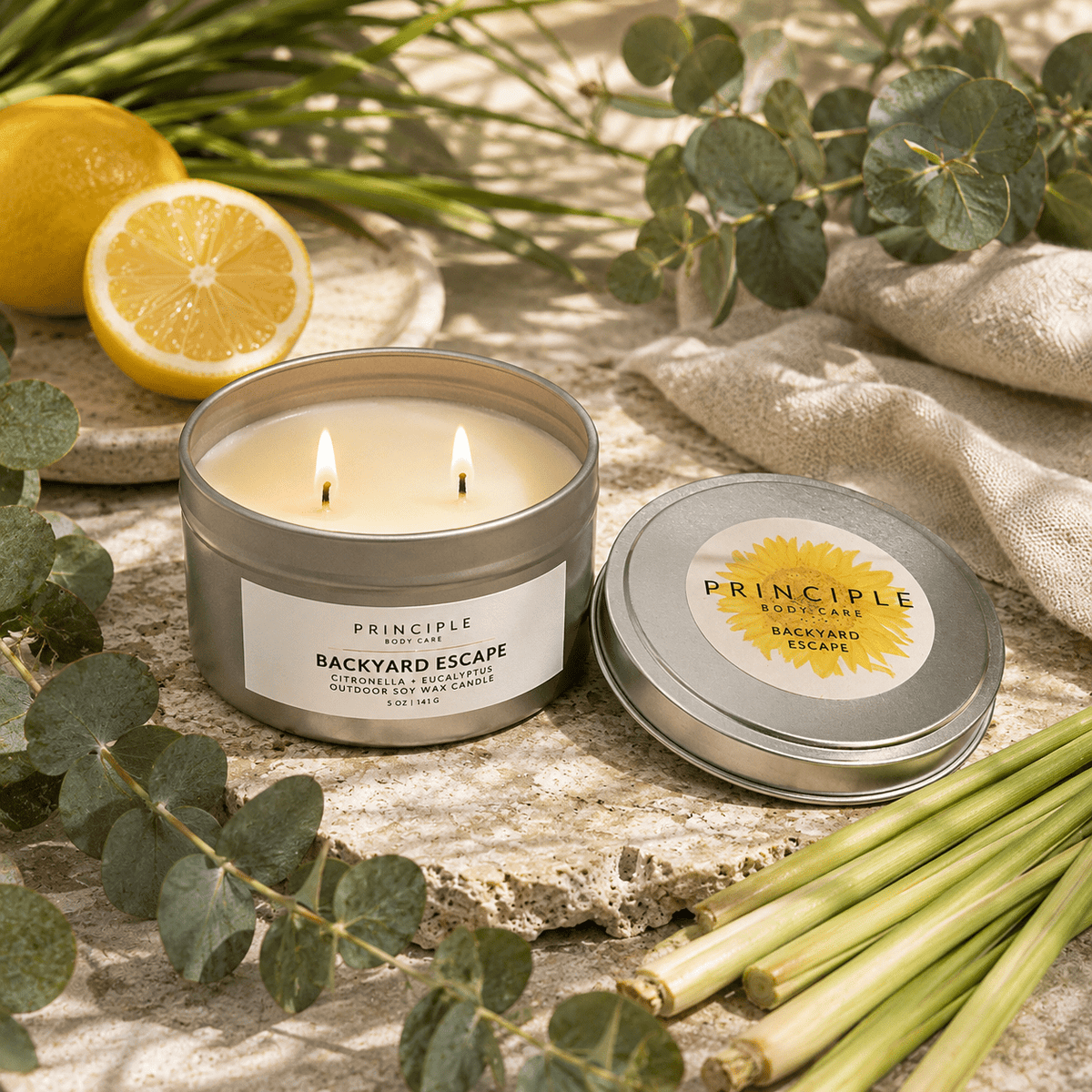 Backyard Escape Outdoor Candle – Citronella + Eucalyptus - P R I N C I P L E