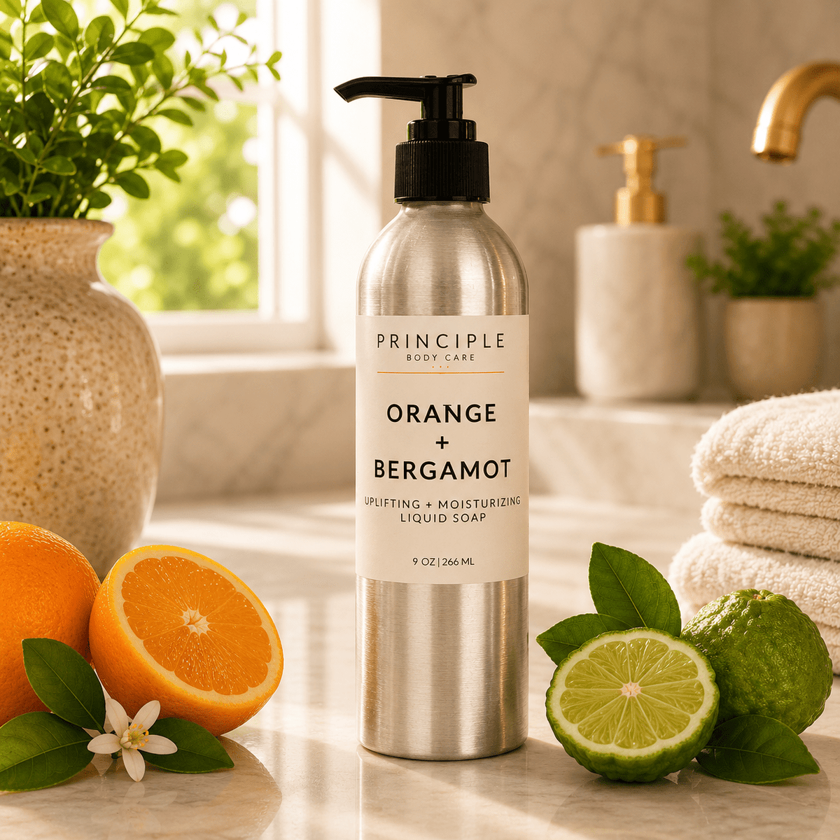 Orange + Bergamot Hydrating Liquid Soap – Uplifting & Moisturizing - P R I N C I P L E
